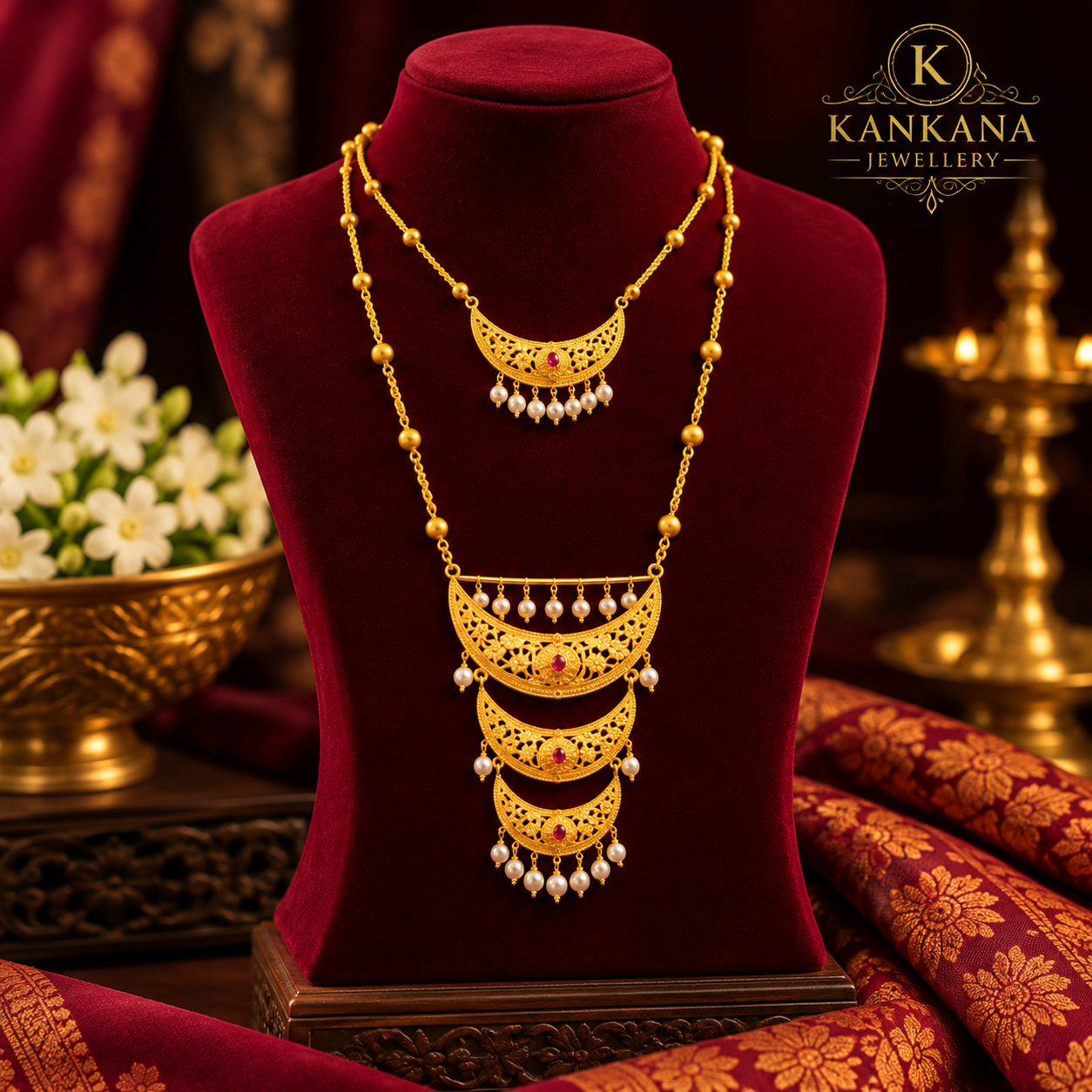 24K Gold Plated Pearl Chandrima Sitahar with Earrings