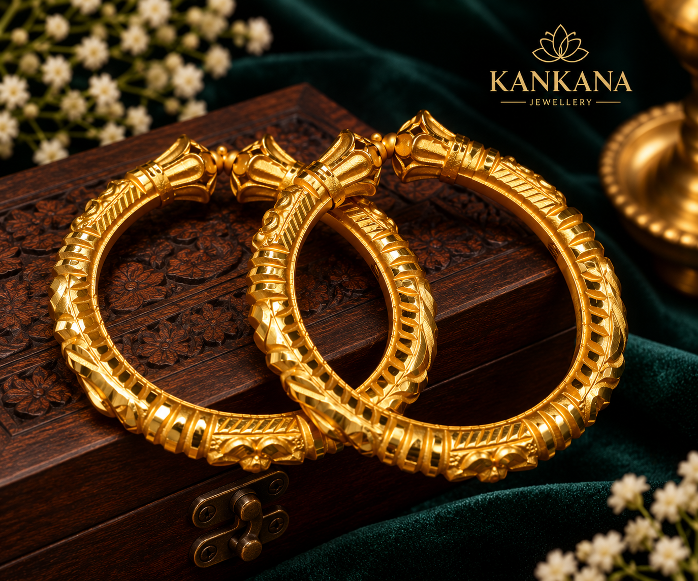 kankana gold bangles on carved chest
