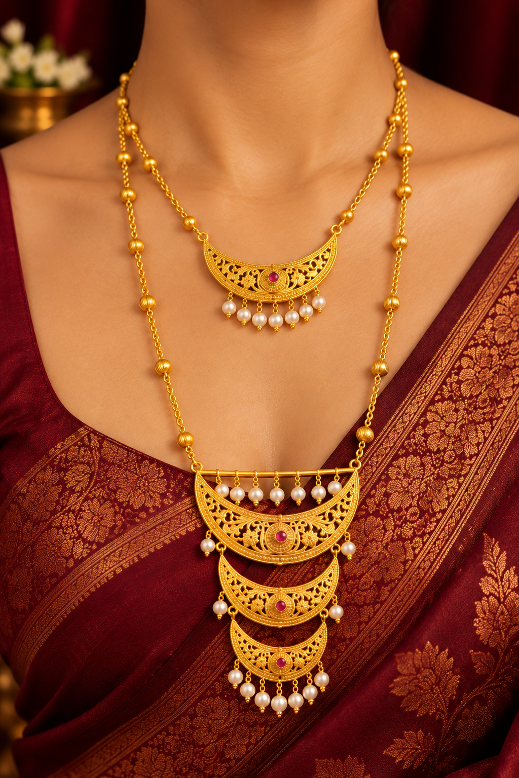 24K Gold Plated Pearl Chandrima Sitahar with Earrings