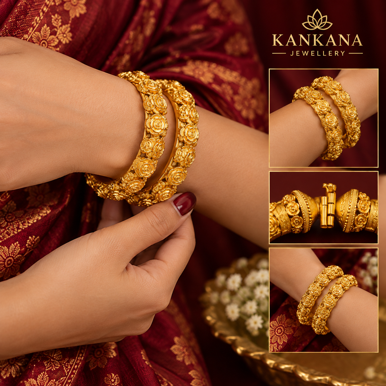 maroon luxe floral gold bangles