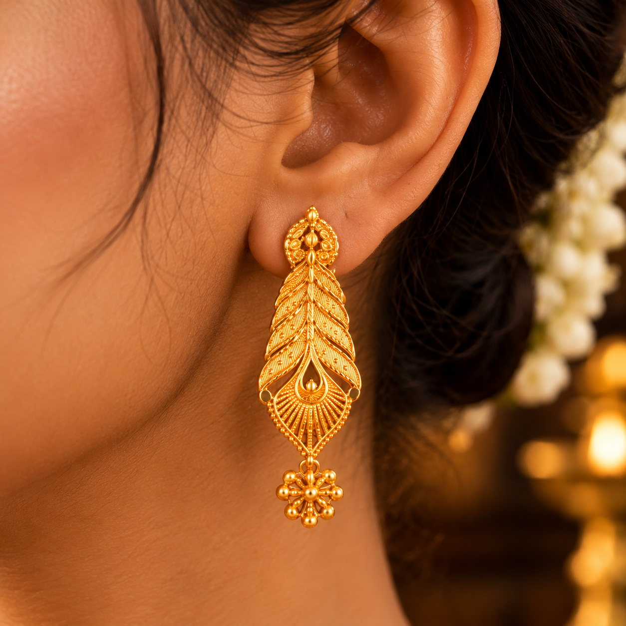 ornate gold earring and jasmine bokeh