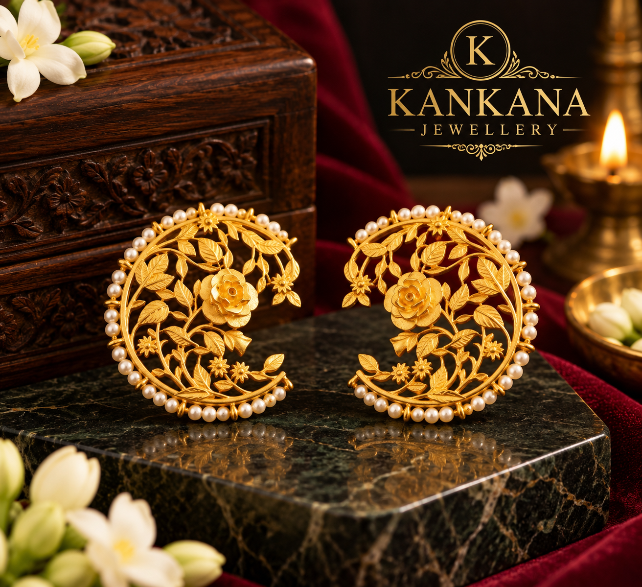 The Kanak Golap Pearl Filigree C-Crescent Earrings