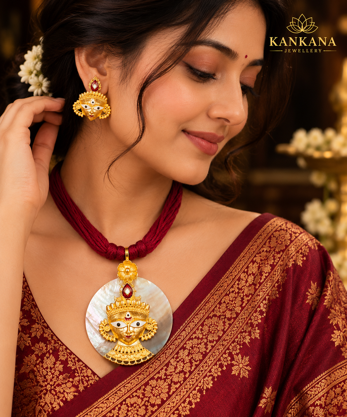 24KT Gold Plated Premium Durga Shell Pendant with Earrings