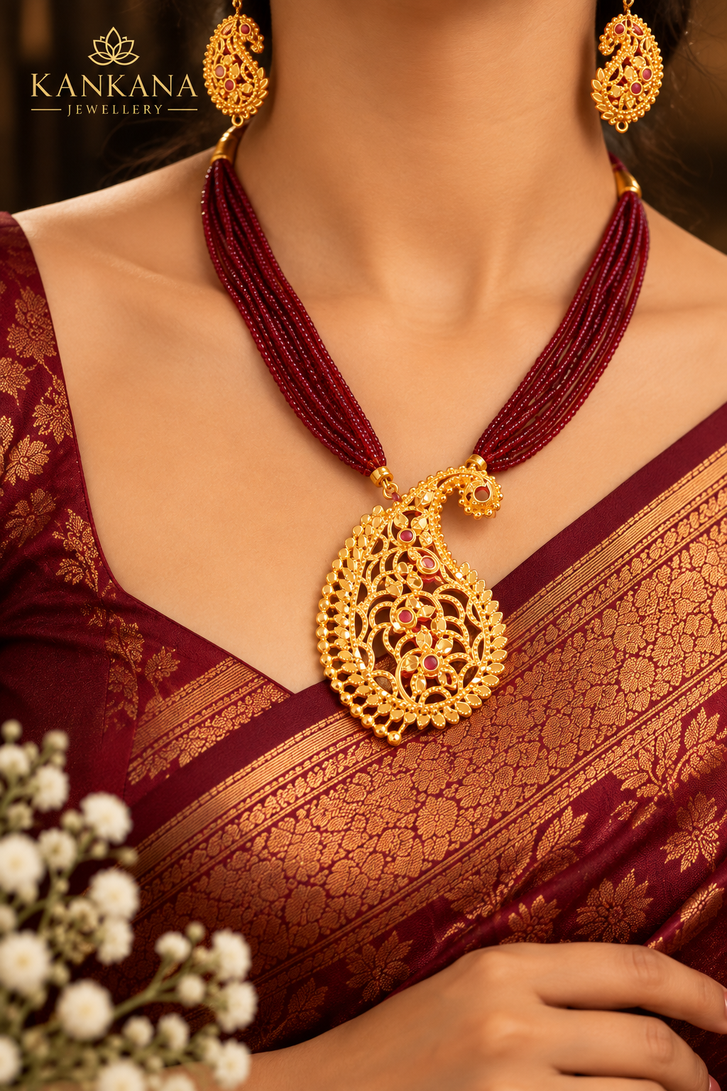 24K Gold Plated Rajmayuri Pendant Set with Earrings