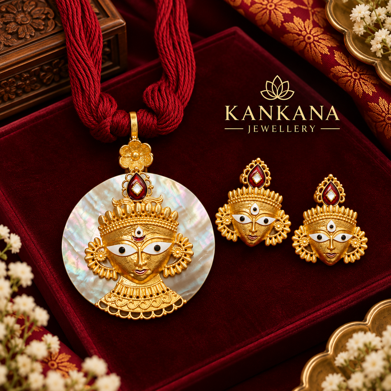 24KT Gold Plated Premium Durga Shell Pendant with Earrings