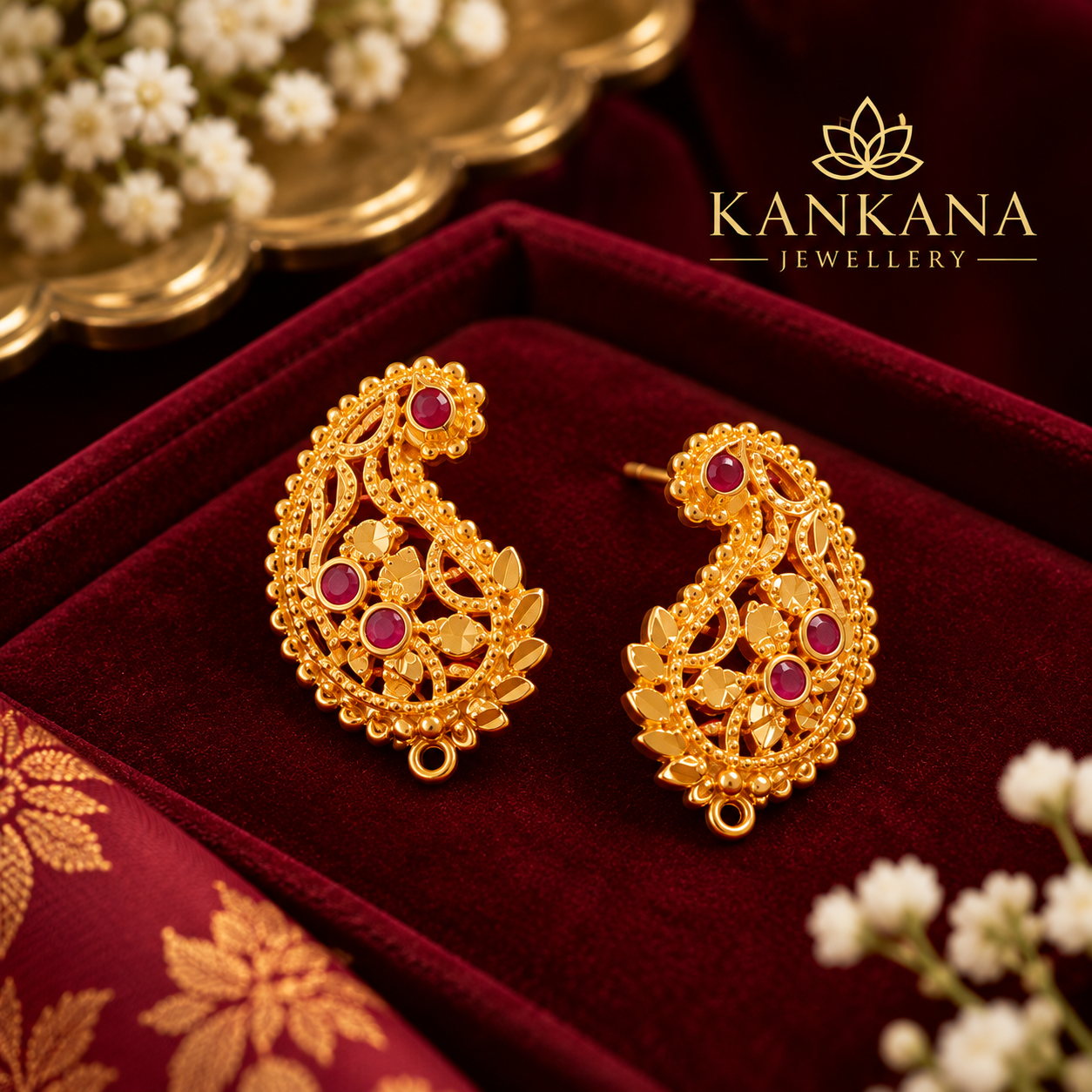 ruby paisley gold earrings