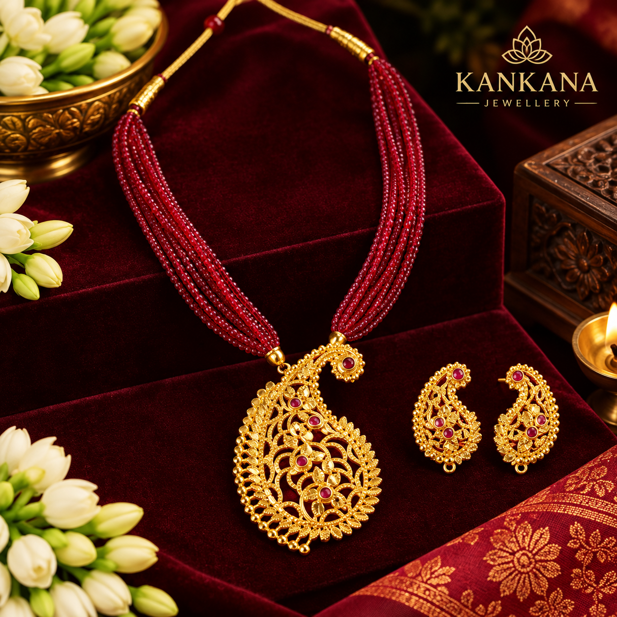 24K Gold Plated Rajmayuri Pendant Set with Earrings